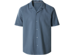 Men's short-sleeved button-up shirt in a textured blue fabric.