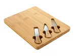 Bamboo cheese board with three integrated cheese knives.