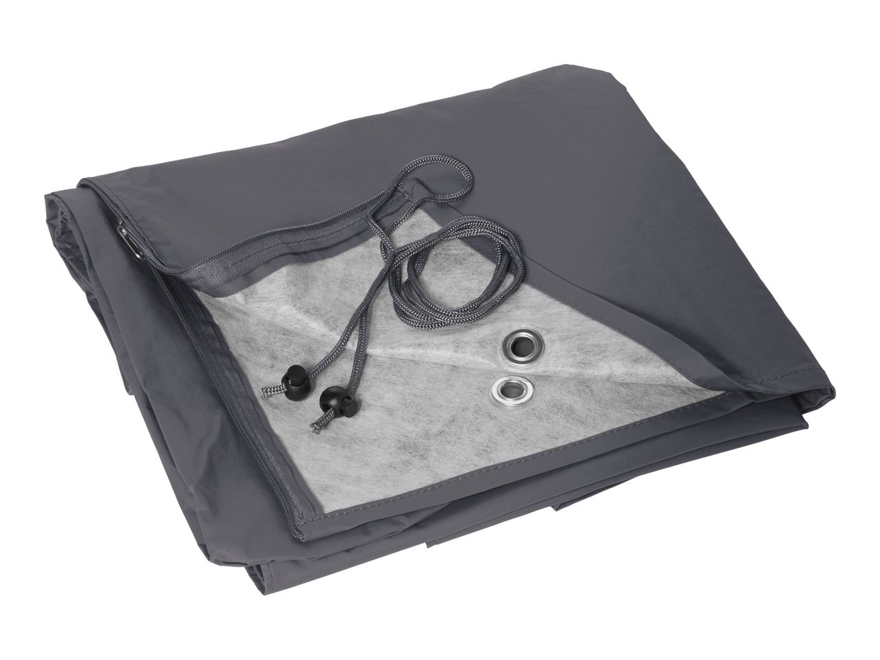 Gray protective cover with cords and zipper.