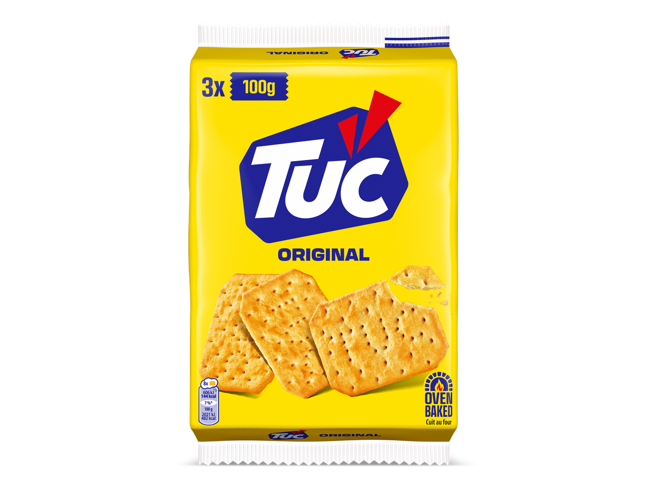 Gele verpakking met drie pakjes crackers van 100 gram, met de tekst 'ORIGINAL' en 'OVEN BAKED'.