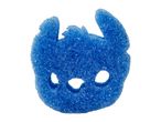 Blue sponge in the shape of a cartoon character's face with cut-out eyes and mouth.