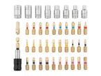 A set of screwdriver bits and sockets, including various sizes and types like PH1, PH2, PH3, PZ1, PZ2, PZ3, T10, T15, T20, T25, T27, T30, T40, H3, H4, H5, H6, and an adapter.