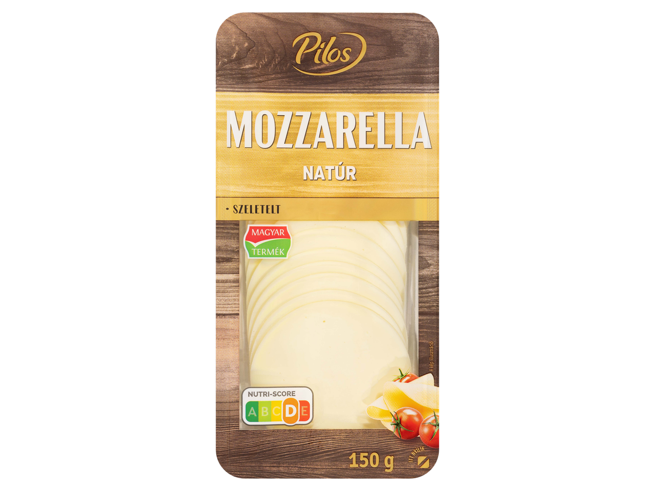 Szeletelt natúr mozzarella sajt 150 g-os kiszerelésben.