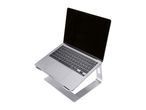 Silver laptop on a matching stand, angled view
