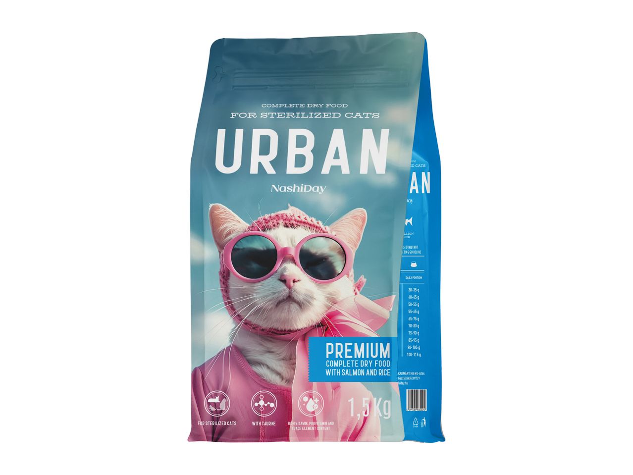 Hrană uscată completă pentru pisici sterilizate, cu somon și orez, 1,5 kg, cu o pisică în ochelari de soare.