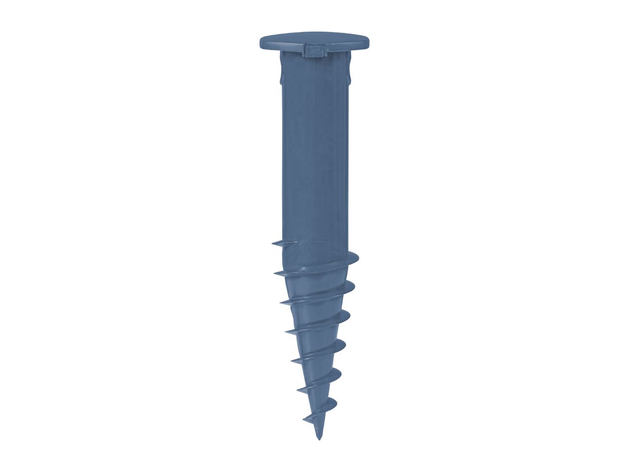 Blue plastic ground screw with a flat top and spiral threads.