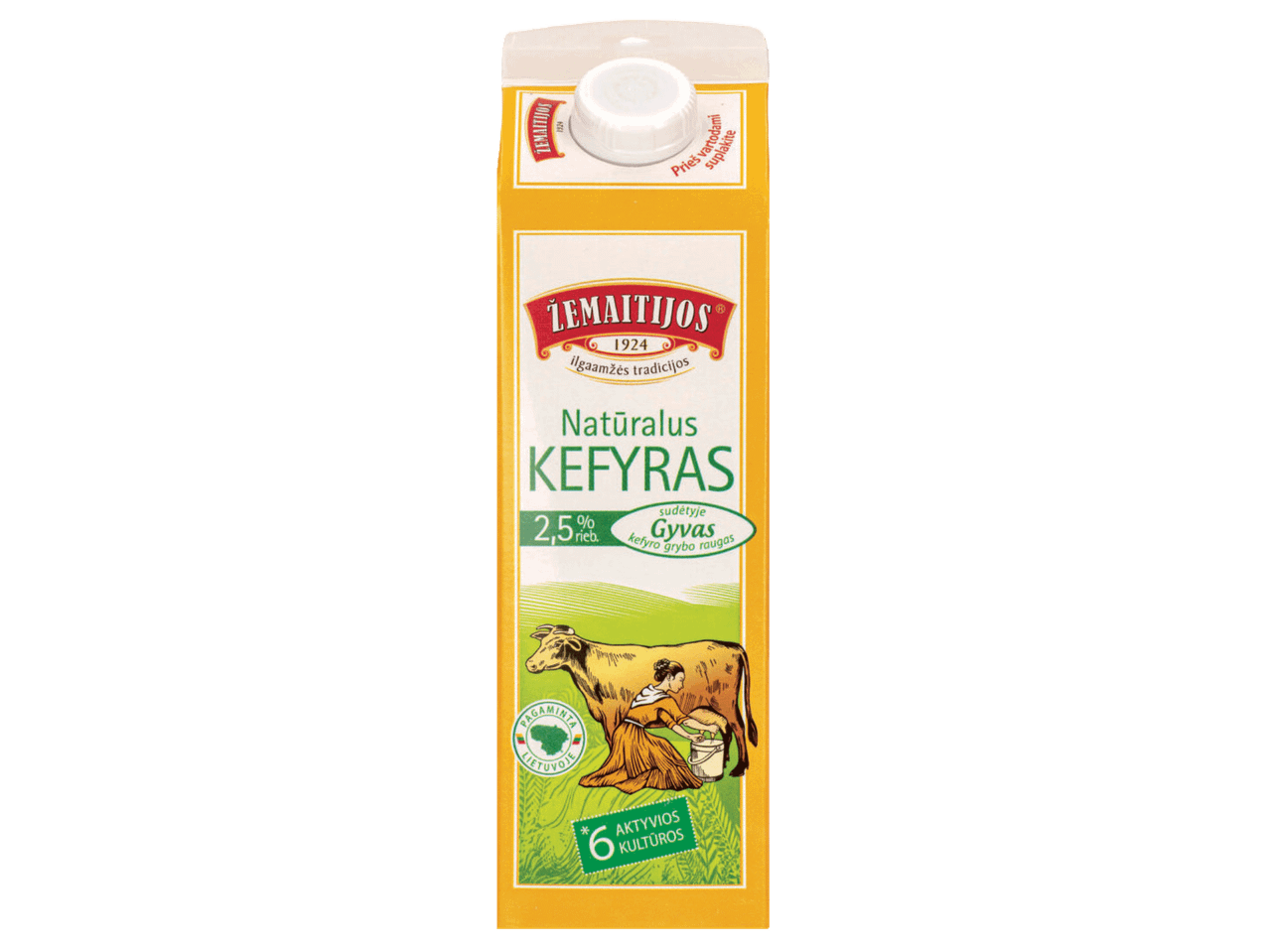 Kefyro pakuotė su užrašu „Natūralus kefyras 2,5% riebumo“, „Gyvas kefyro grybo raugas“ ir „6 aktyvios kultūros“.