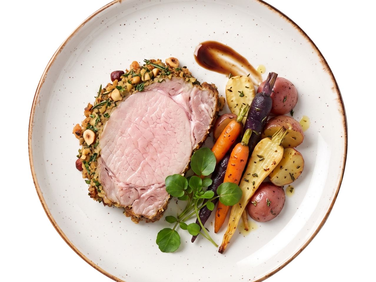 Rôti de porc en croûte de noisettes et herbes, accompagné de légumes racines rôtis et de sauce.