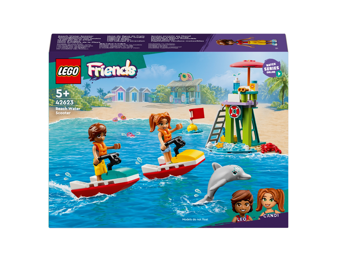 Lego Friends: water scooters, mini-dolls, and dolphins in a summer set.
