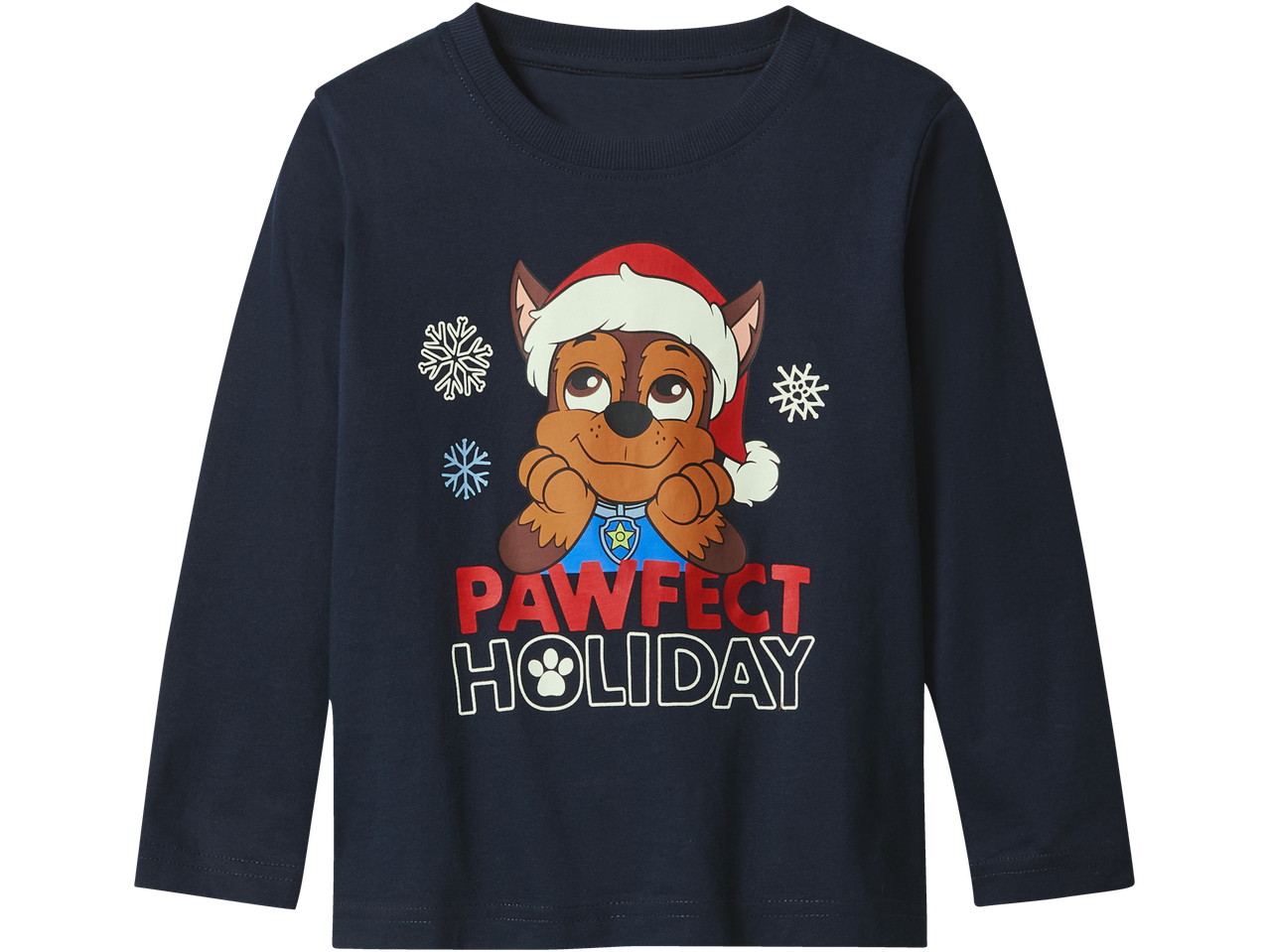 Mėlyni marškinėliai ilgomis rankovėmis su Paw Patrol Chase atspaudu su Kalėdų kepure ir tekstu „PAWFECT HOLIDAY“.