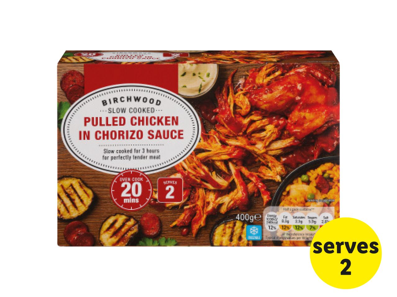 Birchwood Slow Cooked Pulled Chicken in Chorizo Sauce, 400g, serves 2.