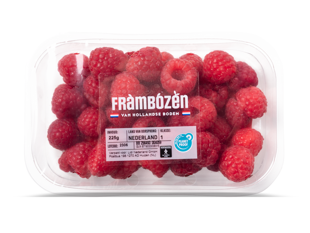 Een bakje frambozen met een etiket dat de herkomst (Nederland), gewicht (225g) en een 'Planet Proof' logo toont.