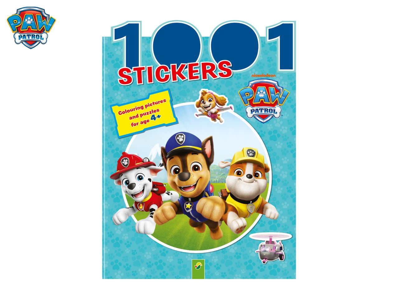 Paw Patrol sticker book with 1001 stickers, colouring pictures, and puzzles for age 4+.