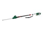 Cordless long-reach hedge trimmer with an adjustable head and a shoulder strap.