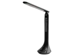Lampă de birou LED neagră cu ceas și termometru digital.