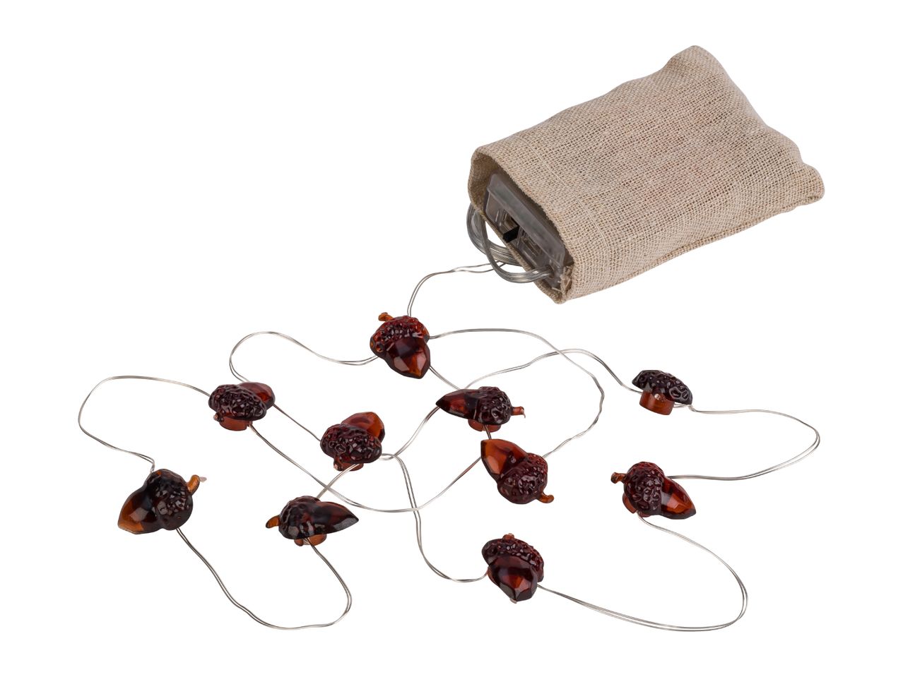 Acorn-shaped string lights with a burlap battery pack.