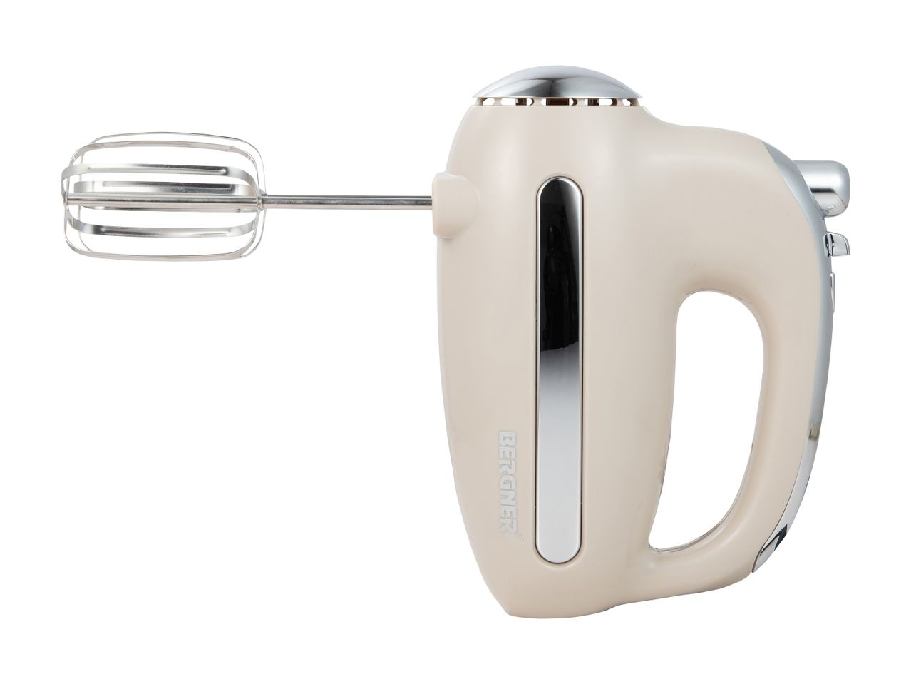 A beige hand mixer with chrome accents.