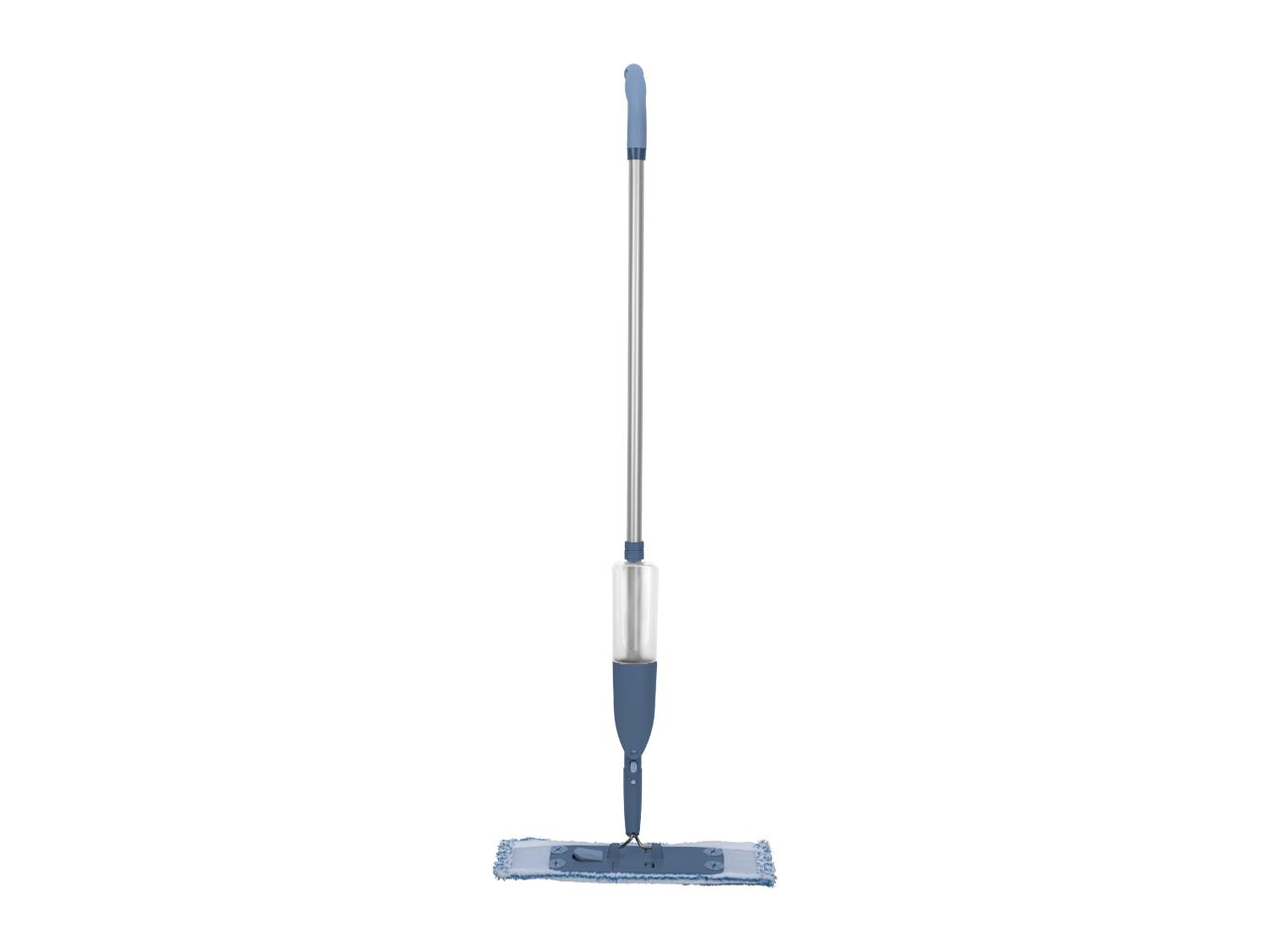 Blue spray mop with a microfiber pad and a transparent water tank.