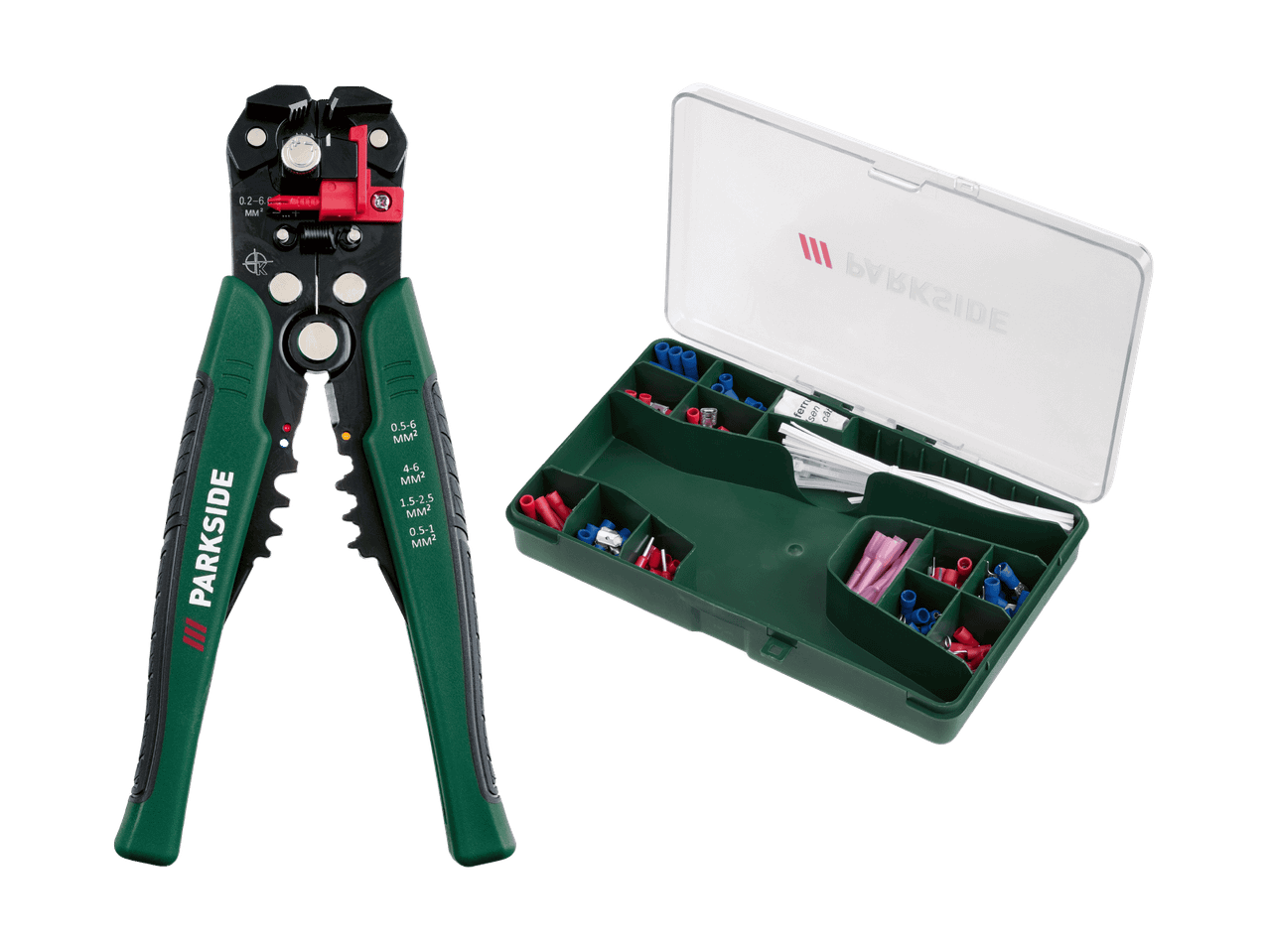 Pince à dénuder automatique et boîte d'assortiment de cosses et connecteurs.