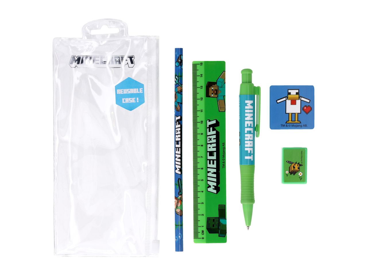 A stationery set with a clear reusable case, pencil, ruler, pen, and two erasers, all featuring a pixelated video game theme.