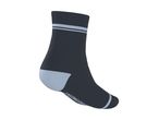 Dark grey sock with light blue stripes and heel, angled view.