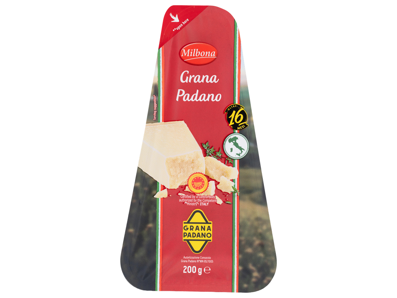 Grana Padano sajt, 200 g-os kiszerelésben, 16 hónapig érlelve, olasz zászlóval és feliratokkal.