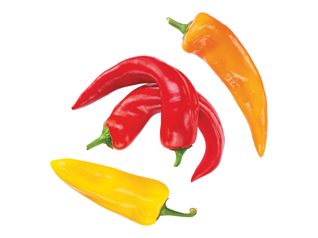 Three colorful bell peppers: red, orange, and yellow.