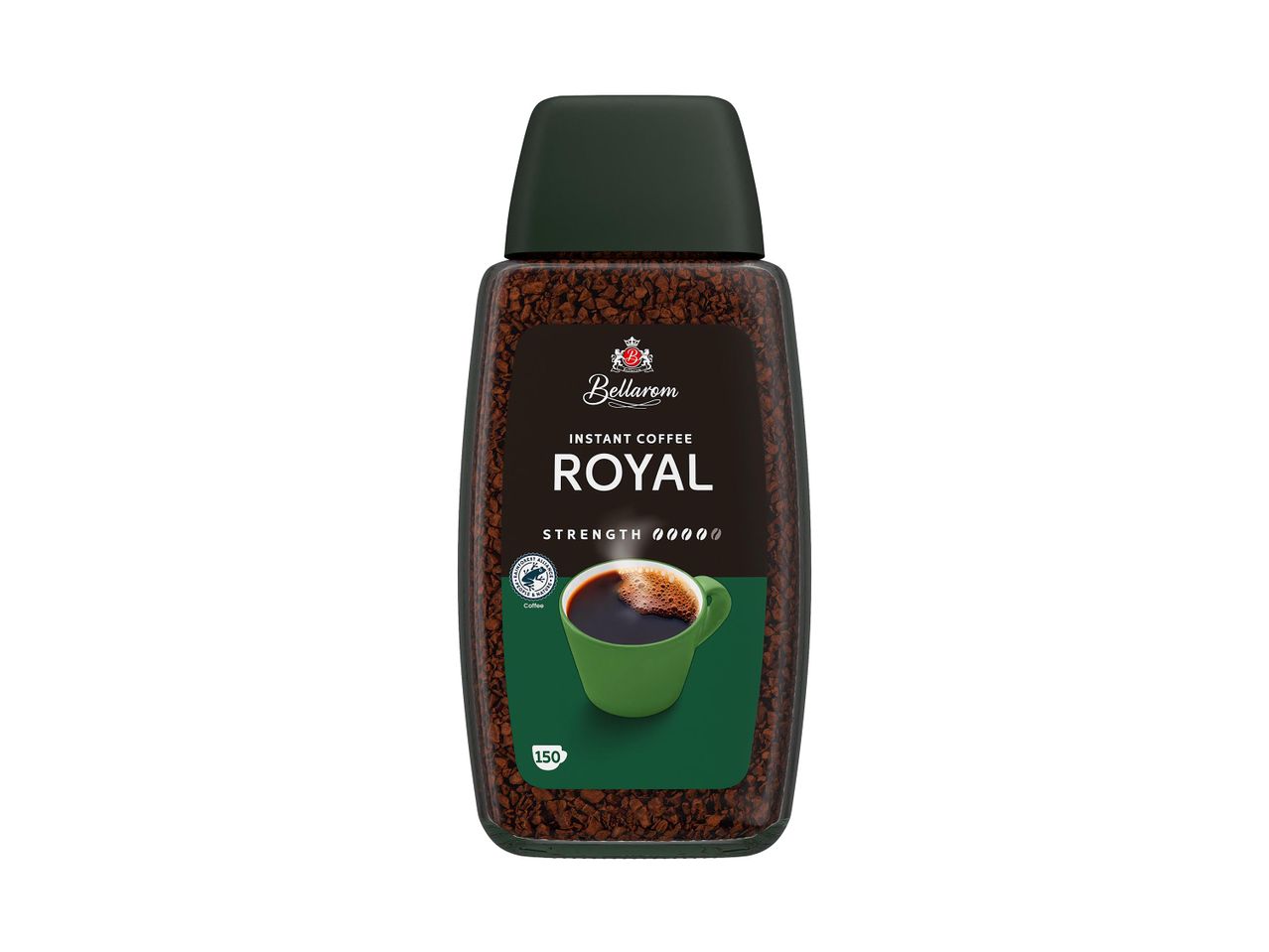 Bellarom Royal instant kávé üvegben, zöld kupakkal és címkével, rajta egy csésze kávéval.