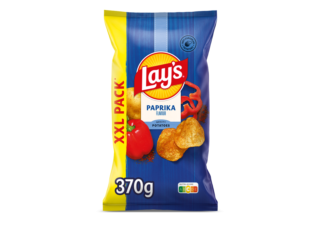 Lay's Paprika chips in een blauwe XXL-verpakking van 370g met Nutri-Score C.
