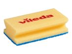 Yellow cleaning sponge with a blue scrubbing layer and an ergonomic grip.
