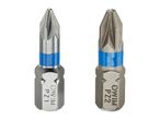 Two Pozidriv screwdriver bits, PZ1 and PZ2, with blue bands, on a white background.