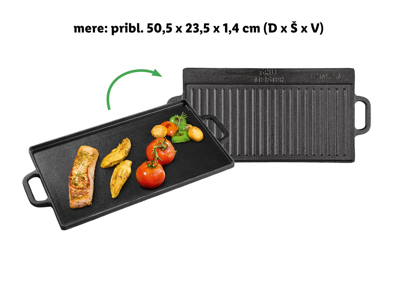 Lita plošča za žar z rebrastim dnom in ročaji.
