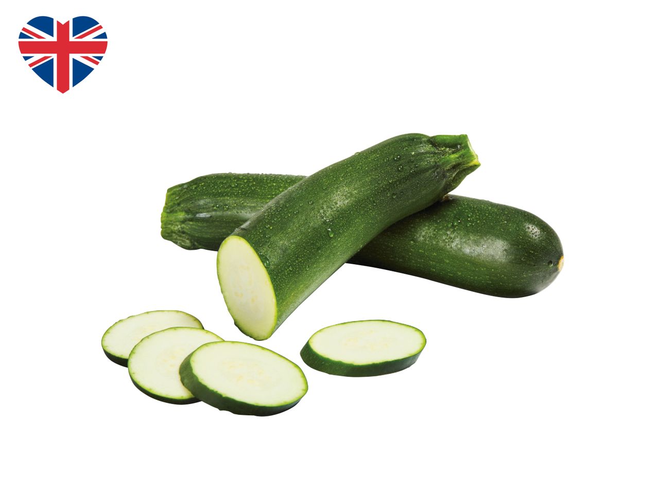 Fresh green zucchini, whole and sliced, with a Union Jack heart icon.