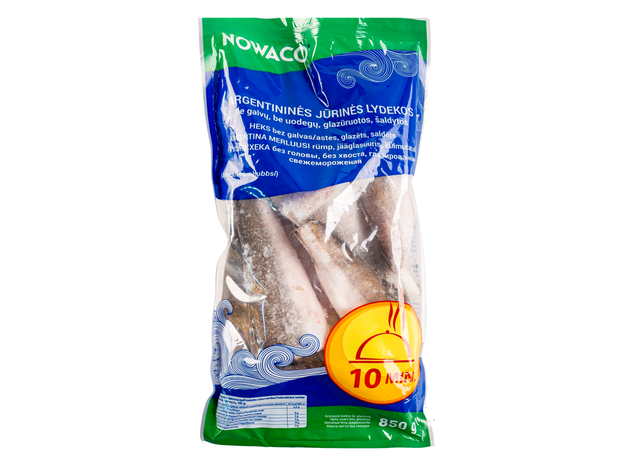 Nowaco Argentininės jūrinės lydekos filė, užšaldyta permatomame plastikiniame maišelyje.