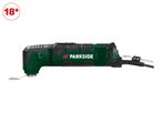 Green oscillating multi-tool with a scraper attachment and a power cord, with an 18+ age restriction symbol.
