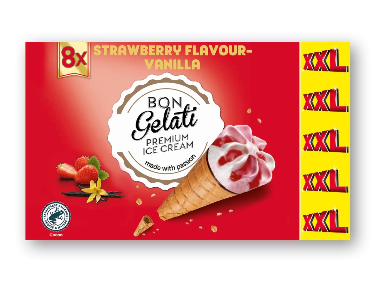 8x jordbær-vanilje isvafler med XXL-størrelse, Rainforest Alliance-certificeret kakao.