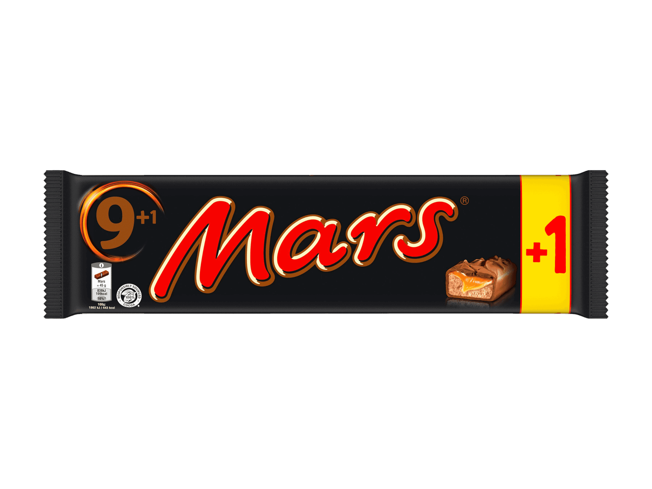 Mars 9+1 Schokoriegel mit einem angeschnittenen Stück, das Karamell und Nougat zeigt.