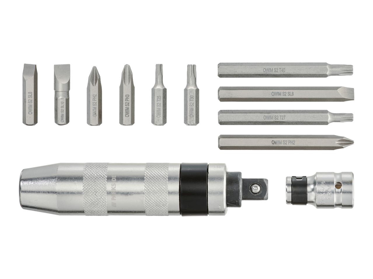 Impact driver set with various screwdriver bits and a socket adapter.