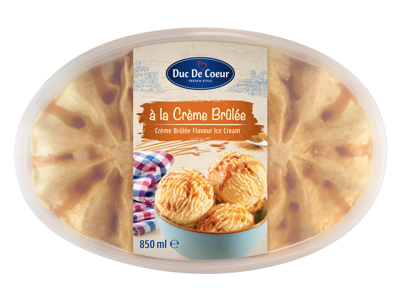Crème Brûlée flavour ice cream in a tub, with a label showing scoops of ice cream.
