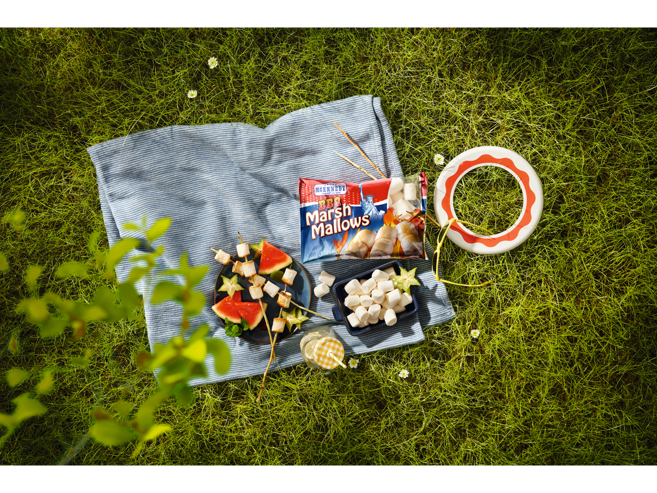 McEnnedy BBQ Marshmallows op een picknickdeken met fruitspiesjes en een frisdrank.