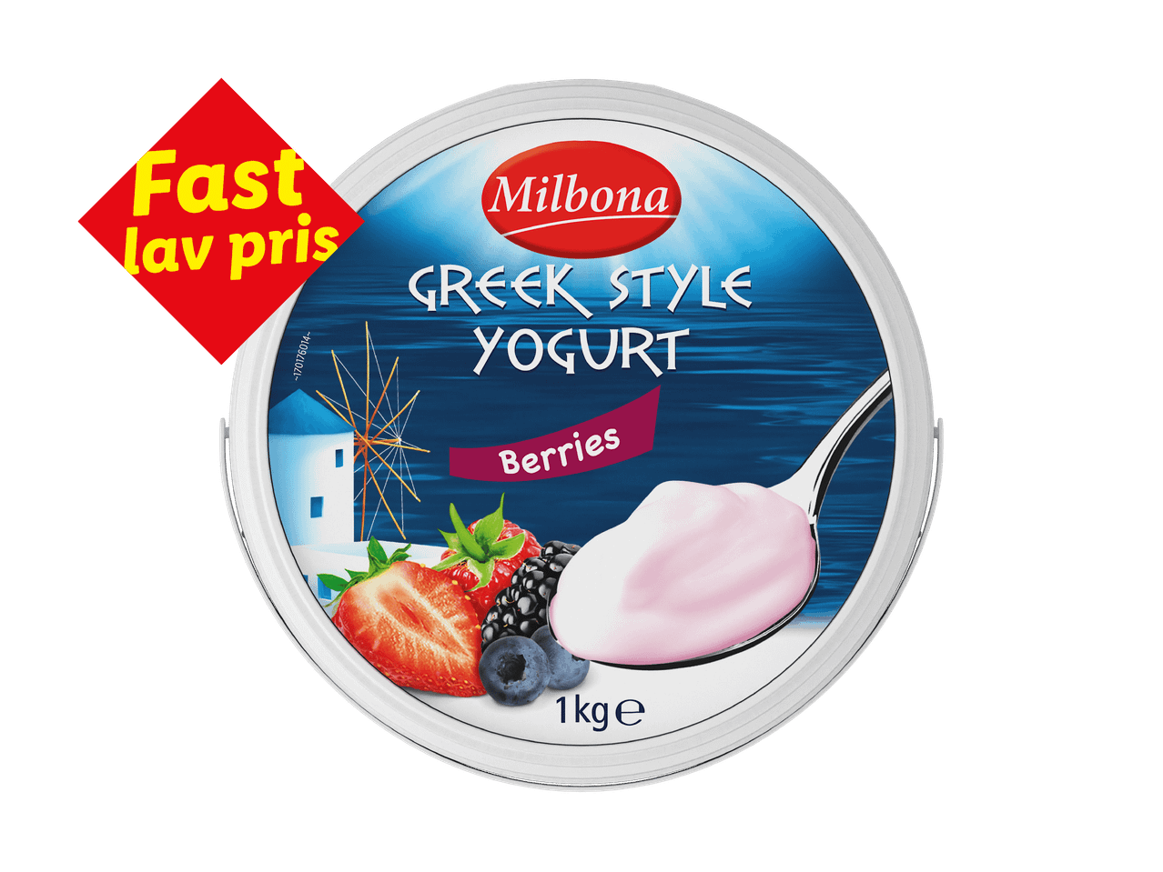 Græsk yoghurt med bær, 1 kg, med 'Fast lav pris'-mærke.