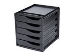 Black plastic desk organizer with five drawers and a top tray with compartments.