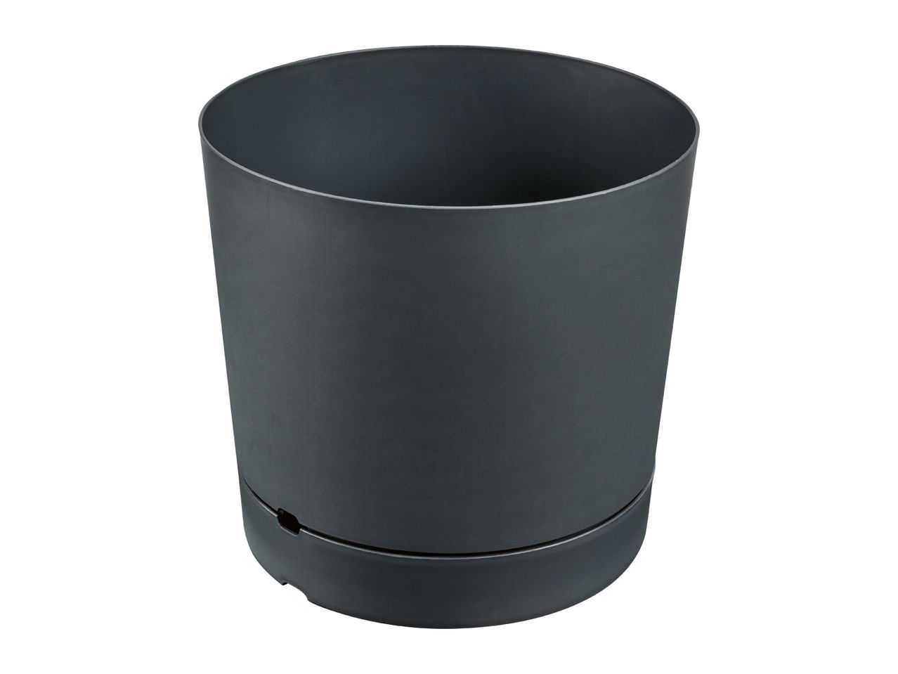 Dark grey cylindrical plant pot with a self-watering system, viewed from an angle.