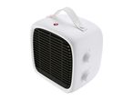 White portable electric fan heater with a black grille and two control knobs.