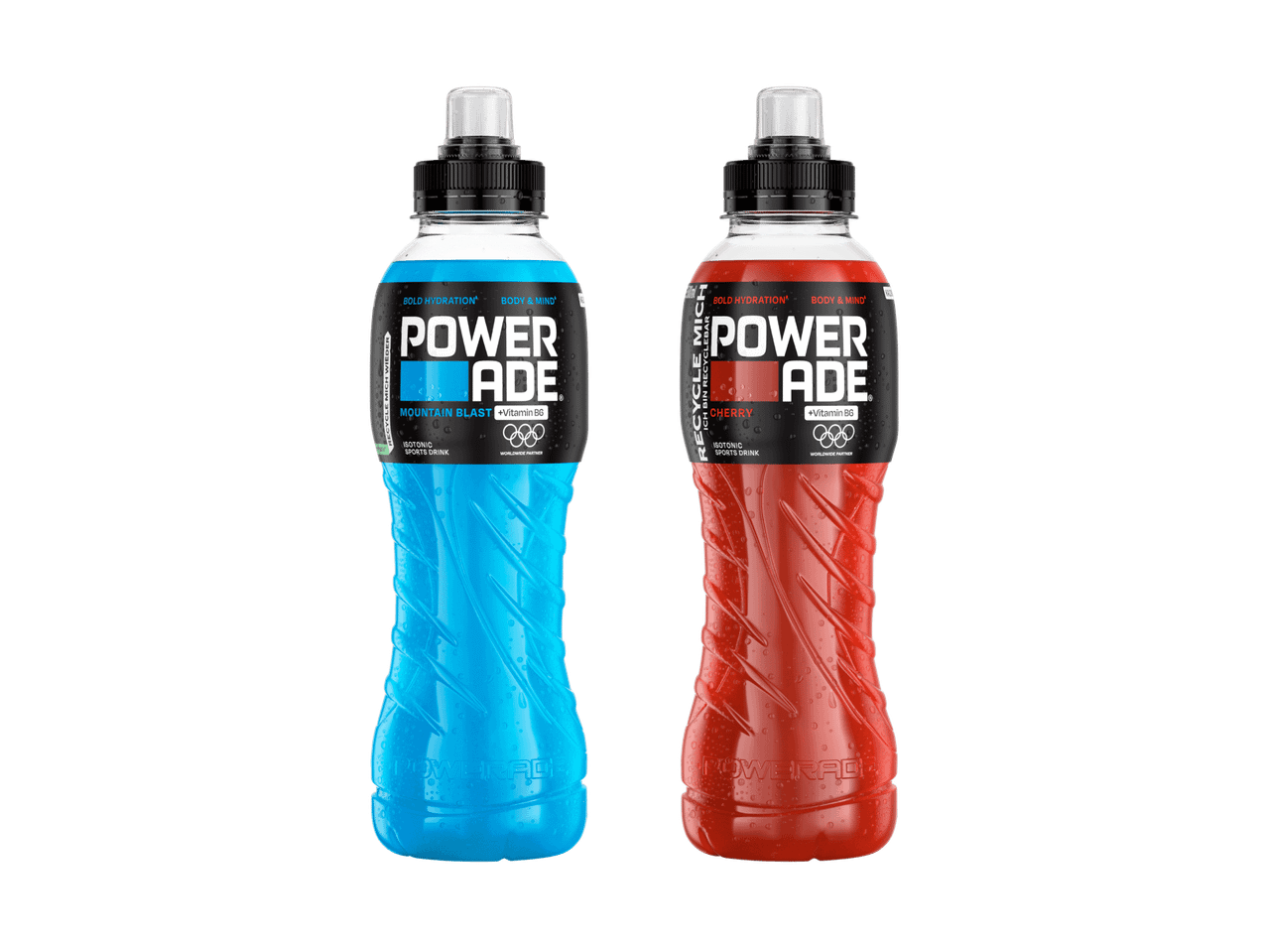 Zwei Powerade-Flaschen, eine in Blau (Mountain Blast), die andere in Rot (Cherry).