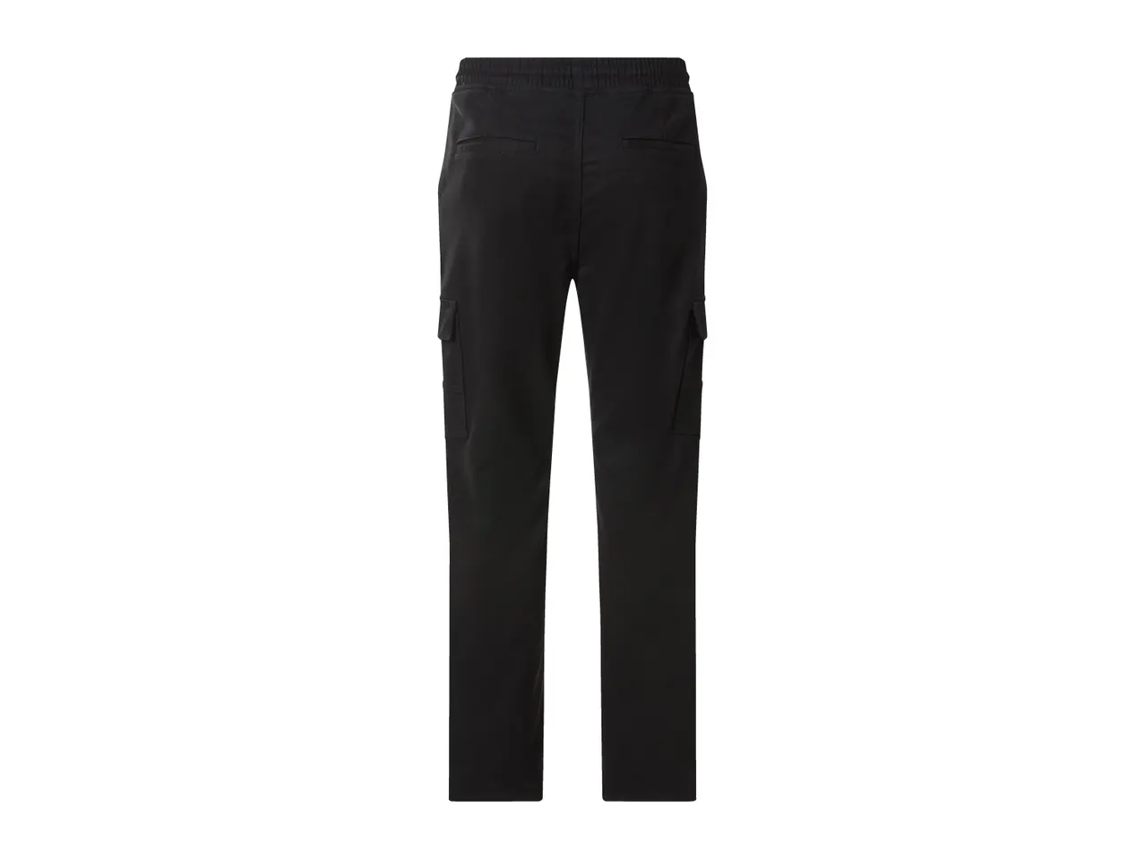 Black men's cargo trousers with an elasticated waist, back pockets, and side cargo pockets.