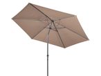 Beige rectangular patio umbrella with a grey frame, angled against a white background.