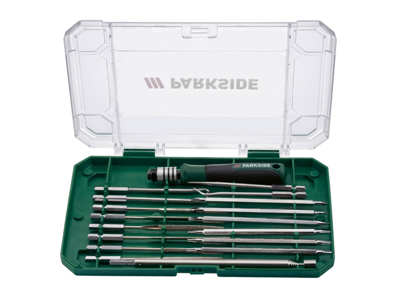 Precision screwdriver set with various bits and tools in a green and clear plastic case.