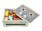 Wooden toy grill with food pieces like corn, fish, steak, shrimp, and lemon slices.