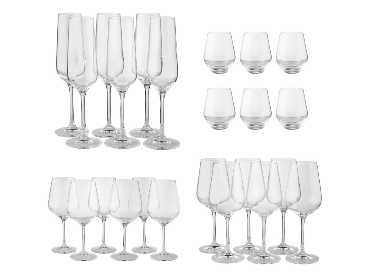 Komplet steklenih kozarcev: šampanjec, vino in kozarci za žganje.